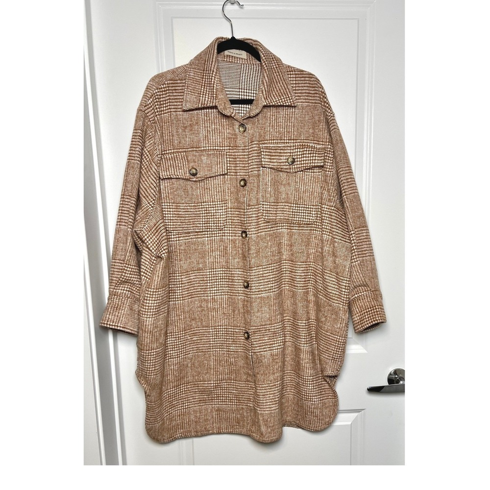 Saints & Hearts Brown Cream‎ Plaid Shacket Shirt Jacket M/L Relaxed Button Up